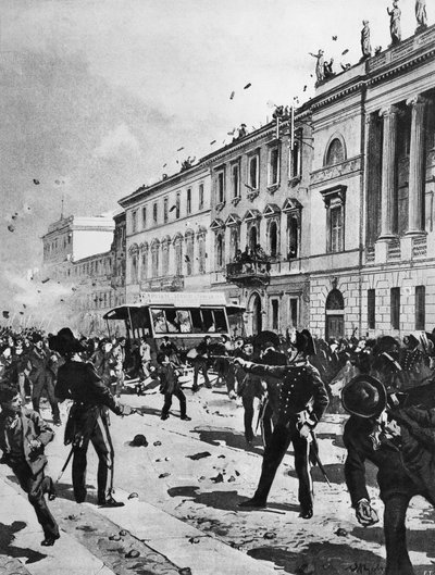 Clash between demonstrators and police in Milan, Corso Venezia, in front of Palazzo Saporiti, May 7 by Achille Beltrame