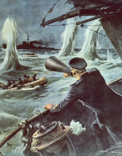 Clash Between Small Torpedo Boat and British Cruiser in Sicilian Channel, October 20 by Achille Beltrame