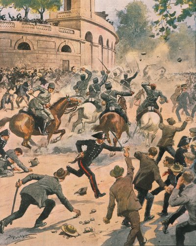 Clashes in front of Arena during general strike in Milan, illustration by Achille Beltrame from La Domenica del Corriere, June 1914 by Achille Beltrame