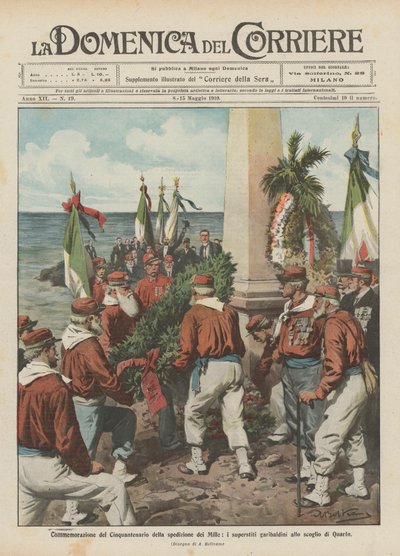 Commemoration of the Fiftieth Anniversary of the Mille expedition, the surviving Garibaldians at the rock of Quarto by Achille Beltrame