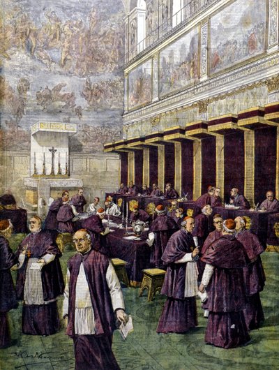 Conclave in the Sistine Chapel for the election of the new Pope. Illustration of Beltrame in La Domenica del Corriere 1903 by Achille Beltrame
