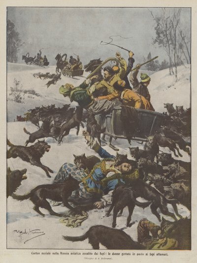 Bridal Procession in Asiatic Russia Attacked by Wolves: Women Thrown to the Hungry Wolves by Achille Beltrame