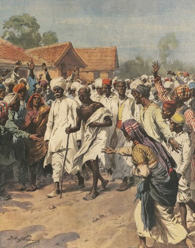 Gandhi and eighty martyrs heading for salt pan of Jalalpur, illustration by Achille Beltrame