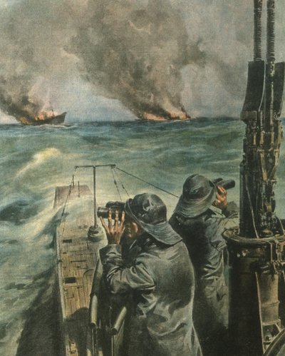 Cover illustration of Anglo-American steamships being torpedoed off coast of West Africa during World War II by Achille Beltrame