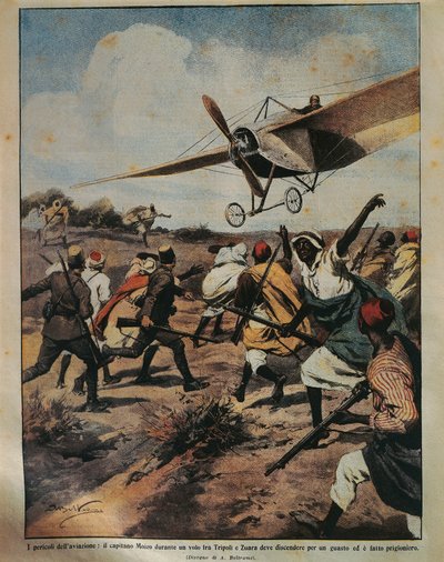 Cover illustration of Captain Moizo attempting a crash landing during the African Campaign, by Achille Beltrame, from La Domenica del Corriere, 22nd September 1912 by Achille Beltrame