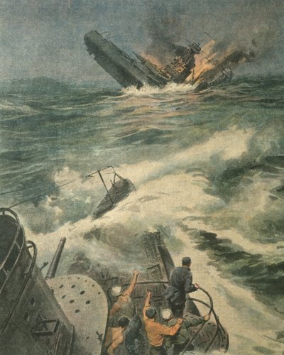 Maryland class American battleship being sunk by Italian submarine Barbarigo in Atlantic Ocean, during World War II by Achille Beltrame