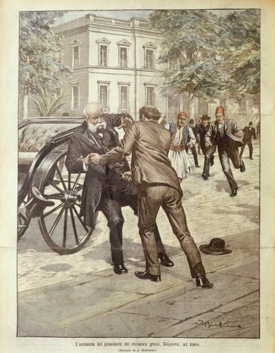Cover illustration of assassination of Greek Prime Minister Delyannis; Athens, Greece by Achille Beltrame