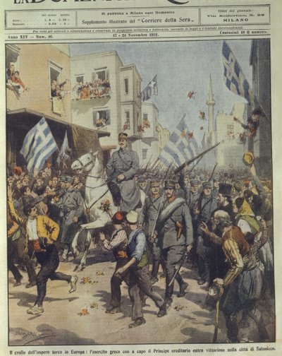 Victorious Greek army entering Thessaloniki during downfall of Turkish Empire by Achille Beltrame