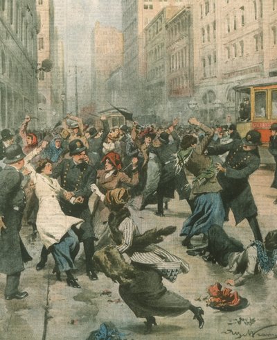 Women protesting against unemployment in street; New York, USA by Achille Beltrame