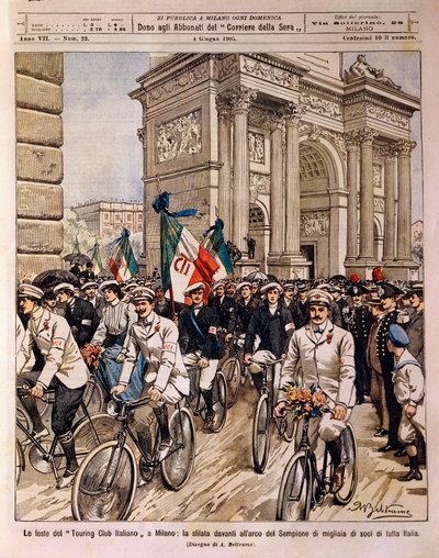 Cyclists parading by Arch of Peace, Italian Touring Club celebration in Milan, Italy, illustration by Achille Beltrame from La Domenica del Corriere, June 4 by Achille Beltrame