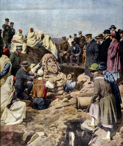 Discovery of a bust of Jupiter in Sabratha, Libya in 1925. illustration by Achille Beltrame by Achille Beltrame