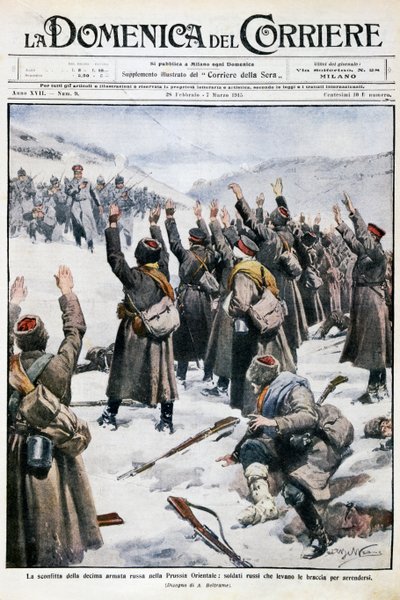 Defeat of tenth Russian army in East Prussia: Russian soldiers raising their arms in surrender, plate by Achille Beltrame from La Domenica del Corriere by Achille Beltrame