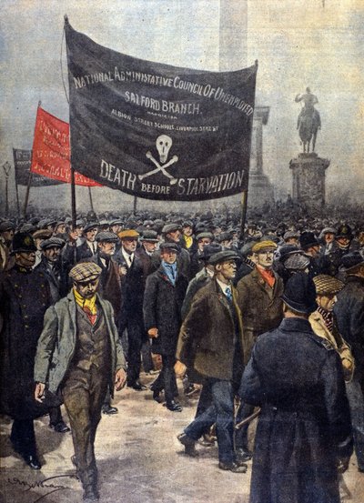 Demonstration of minors on strike. London 1922. Illustration by Achille Beltrame. La Domenica del Corriere. by Achille Beltrame