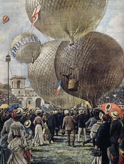 Departure of hot air balloon at Milan Air Show, illustration by Achille Beltrame from La Domenica del Corriere, June 19 by Achille Beltrame