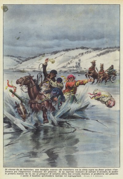 Returning from a Baptism, a Romanian Family Crossing a Frozen River by Sleigh by Achille Beltrame
