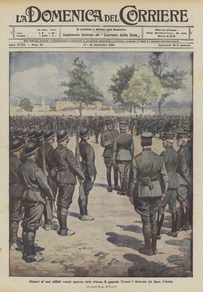 In front of his soldiers who came from the trenches, General Tettoni is decorated by the Duke of Aosta by Achille Beltrame