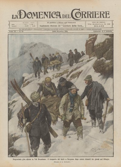 Unfortunate Alpine Excursion in Val Brembana, the Transport of the Injured to Bergamo After Being Stranded by Achille Beltrame