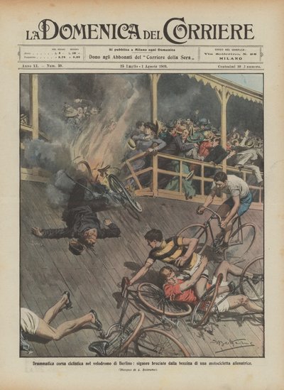 Dramatic cycling race in the Berlin velodrome, ladies burned by gasoline by Achille Beltrame