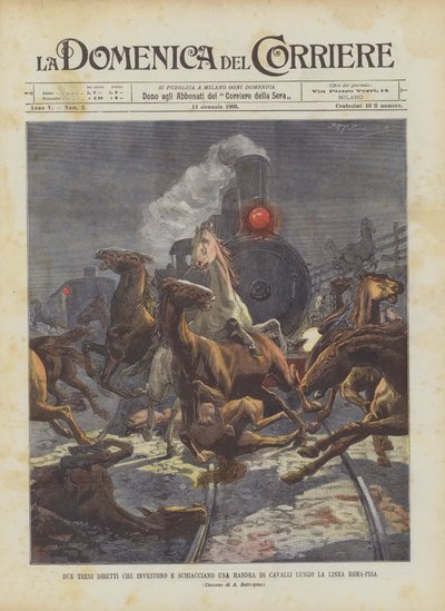 Two Trains Collide and Crush a Herd of Horses Along the Rome-Pisa Line by Achille Beltrame