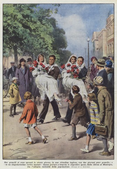 Two Twins Married on the Same Day in an English Town to Two Young Women by Achille Beltrame