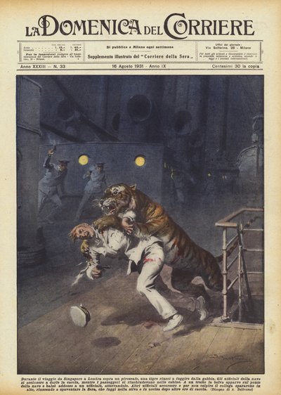 During the voyage from Singapore to London on a steamer, a tiger managed to escape from its cage by Achille Beltrame