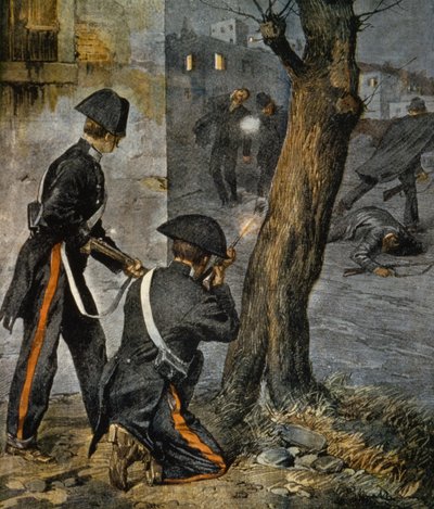 Episode of Sicilian Mafia, conflict between police and mobsters in Trapani from La Domenica del Corriere, December 31 by Achille Beltrame