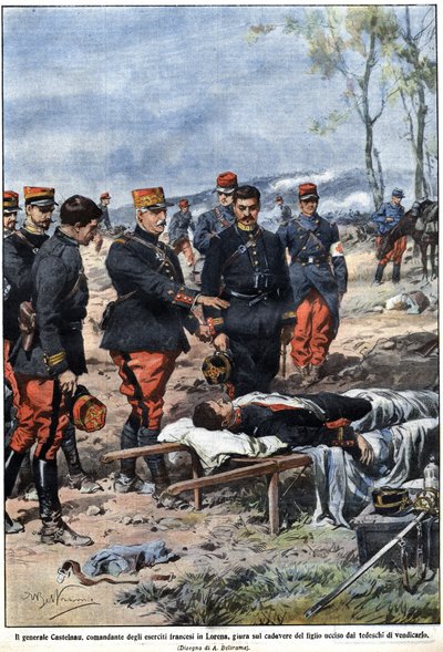 Episode of the war of 1914: General Noel Edouard de Curieres de Castelnau (1851-1944), commander of the French army in Lorraine, swears to the body of his dead son to avenge him. Illustration by Achille Beltrame in La Domenica del Corriere by Achille Beltrame