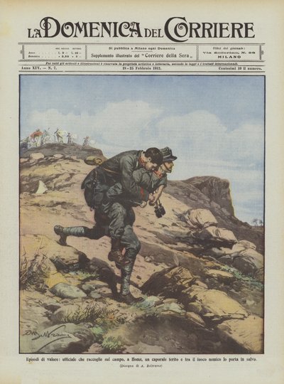 Episodes of Valor, Officer Collects a Wounded Corporal on the Field at Homs Amidst Fire by Achille Beltrame