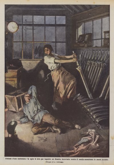 Heroism of a Railway Worker, Operates Levers to Prevent a Railway Disaster While Her Husband by Achille Beltrame