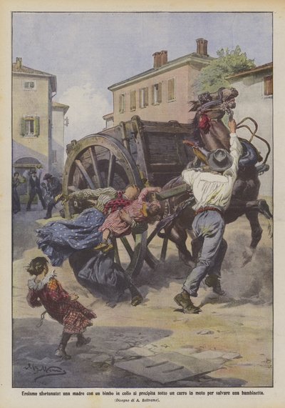 Unfortunate Heroism, a Mother with a Child in Her Arms Throws Herself Under a Moving Cart to Save a Little Girl by Achille Beltrame