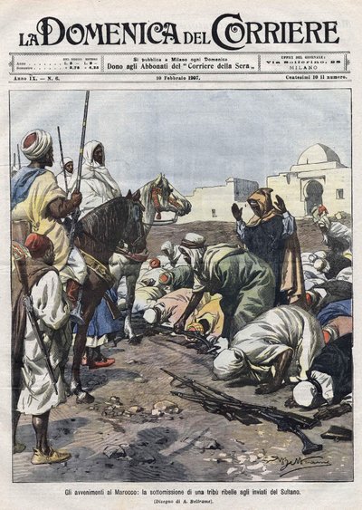 Events in Morocco: A Rebel Tribe Surrenders to the Representatives of the Sultan. Illustration by Beltrame. 