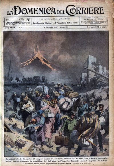 Exodus of the Population of El Salvador After the Earthquake and Eruptions of the Santa Rita Volcano. Illustration by Achille Beltrame in 