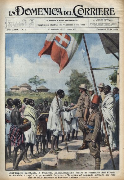 Fascism 1937: Meetings in Gambela, the Trading Centre of the Ethiopian Empire, of Indigenous Chiefs and Personalities to Make an Act of Accession to the Italian Government. Illustration of Achille Beltrame in 
