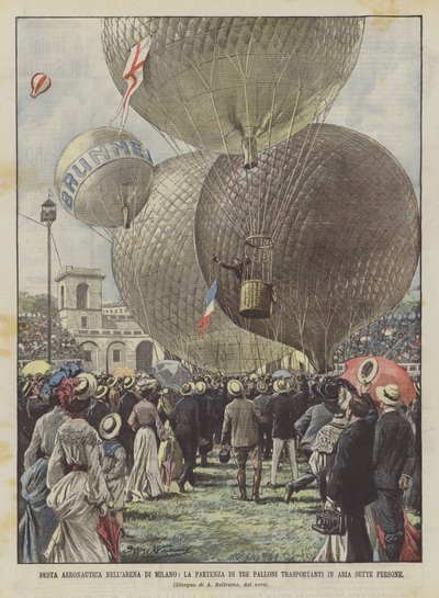 Aeronautical Festival in the Arena of Milan, the Departure of Three Balloons Carrying Seven People in the Air by Achille Beltrame
