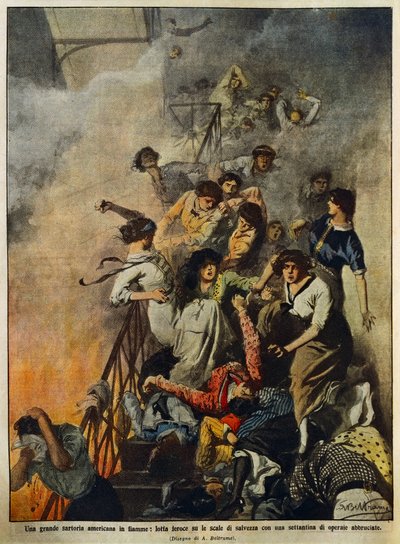 Fire in large American textile factory: workers on stairwell, illustration by Achille Beltrame, from La Domenica del Corriere, August 10 by Achille Beltrame