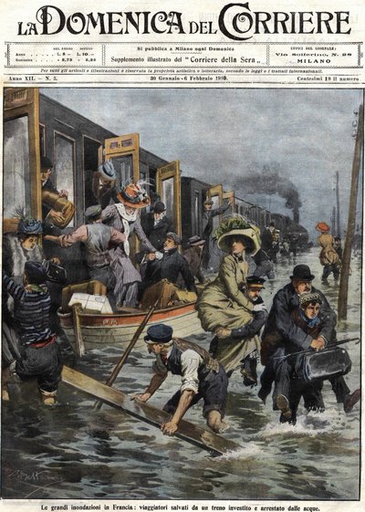 Floods around Paris in January 1910. Cover of the Domenica del Corriere of February 6 by Achille Beltrame