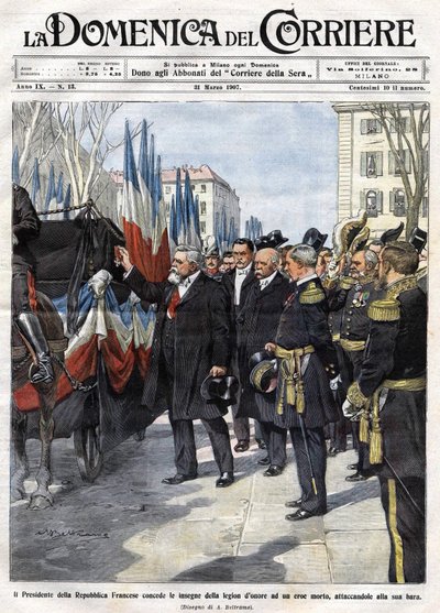 French President Armand Fallieres (1841 - 1931) presents the medal of the Legion of Honour to a hero who died in battle. Illustration by Beltrame. La Domenica del Corriere. 31/03/1907 by Achille Beltrame