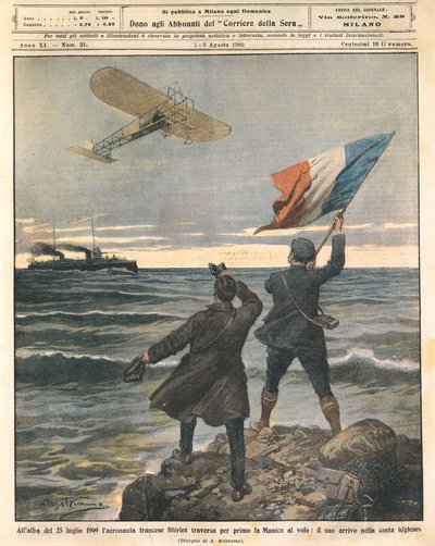 French aviator Louis Bleriot, first person crossing English Channel, celebrations on English coast, July 25 by Achille Beltrame