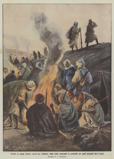 Fires at the Enemy Camp, Lit to Warm Up, by Arabs Commanded as Sentries in Advanced Posts Beyond Tripoli by Achille Beltrame
