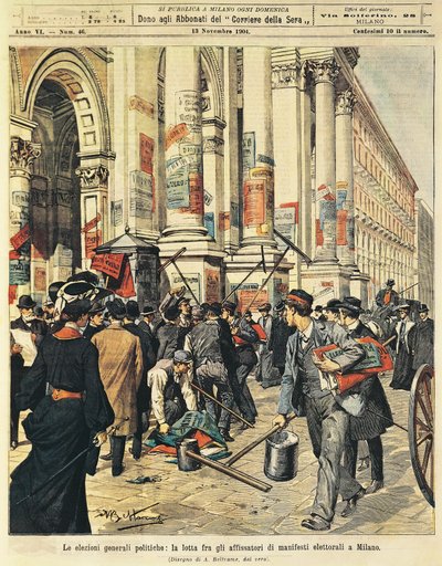 General elections in Milan: confrontations between people hanging political posters in Milan by Achille Beltrame