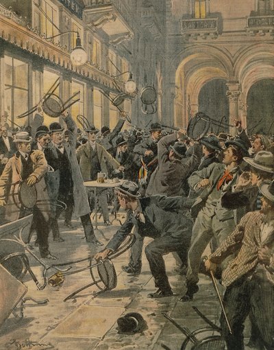 General workers strike in Milan, Riots in Galleria Vittorio Emanuele II, by Achille Beltrame, illustration, from La Domenica del Corriere by Achille Beltrame
