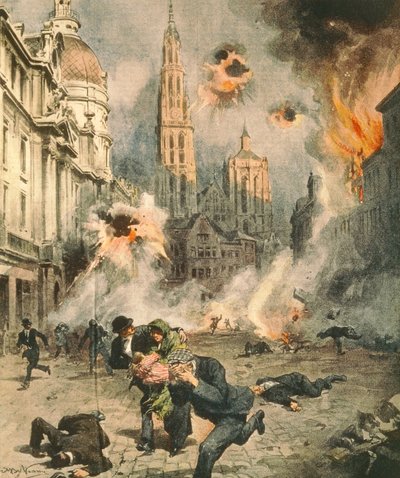 Germans bombing and occupying Antwerp, illustration from La Domenica del Corriere by Achille Beltrame