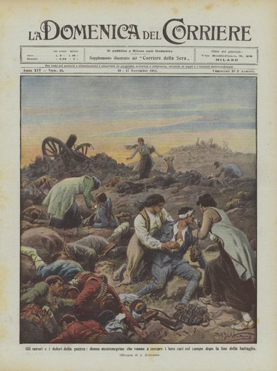 The horrors and pains of war, Montenegrin women looking for their loved ones on the battlefield by Achille Beltrame