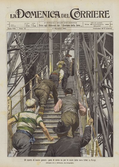 New Kind of Sports, Running Race Up the Stairs of the Eiffel Tower in Paris by Achille Beltrame