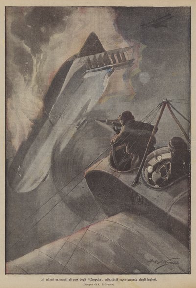 The Last Moments of One of the Zeppelins Recently Shot Down by the British by Achille Beltrame