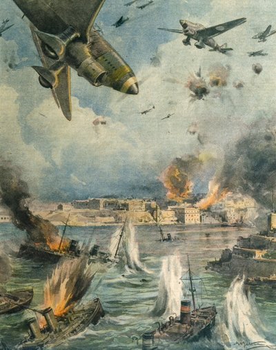 Great Axis air offensive over Malta, illustration by Achille Beltrame, from La Domenica del Corriere, 25th January 1942 by Achille Beltrame