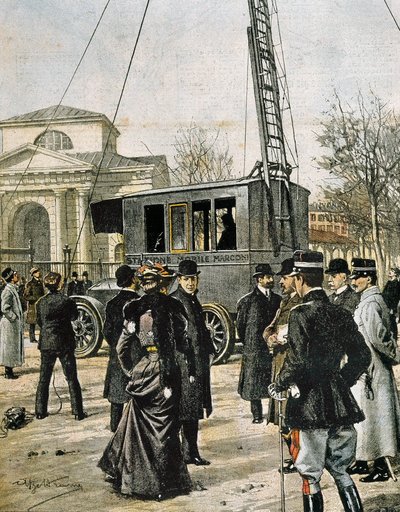 Guglielmo Marconi assists in Milan to the test of the first Stazione Radio Mobile. Illustration by Achille Beltrame for 