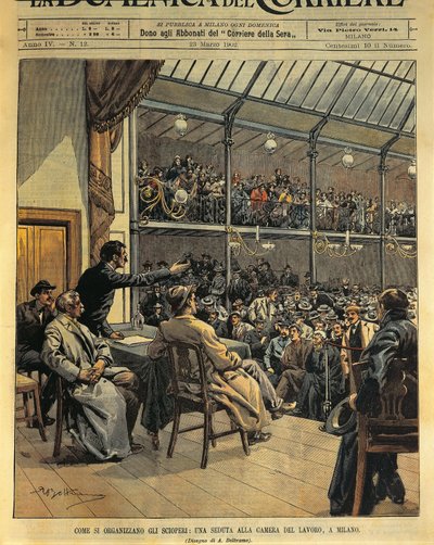 How to organize strikes, session of Chamber of Labor in Milan, illustration by Achille Beltrame from La Domenica del Corriere, March 23 by Achille Beltrame