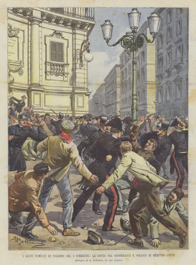 The Serious Riots in Palermo on the 3rd, The Fight Between Strikers and Soldiers at Quattro Canti by Achille Beltrame