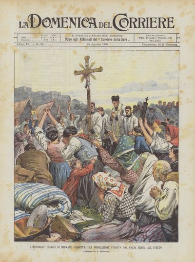 The Seismic Movements of Mignano (Caserta), The Population Fleeing the Town Praying Outdoors by Achille Beltrame